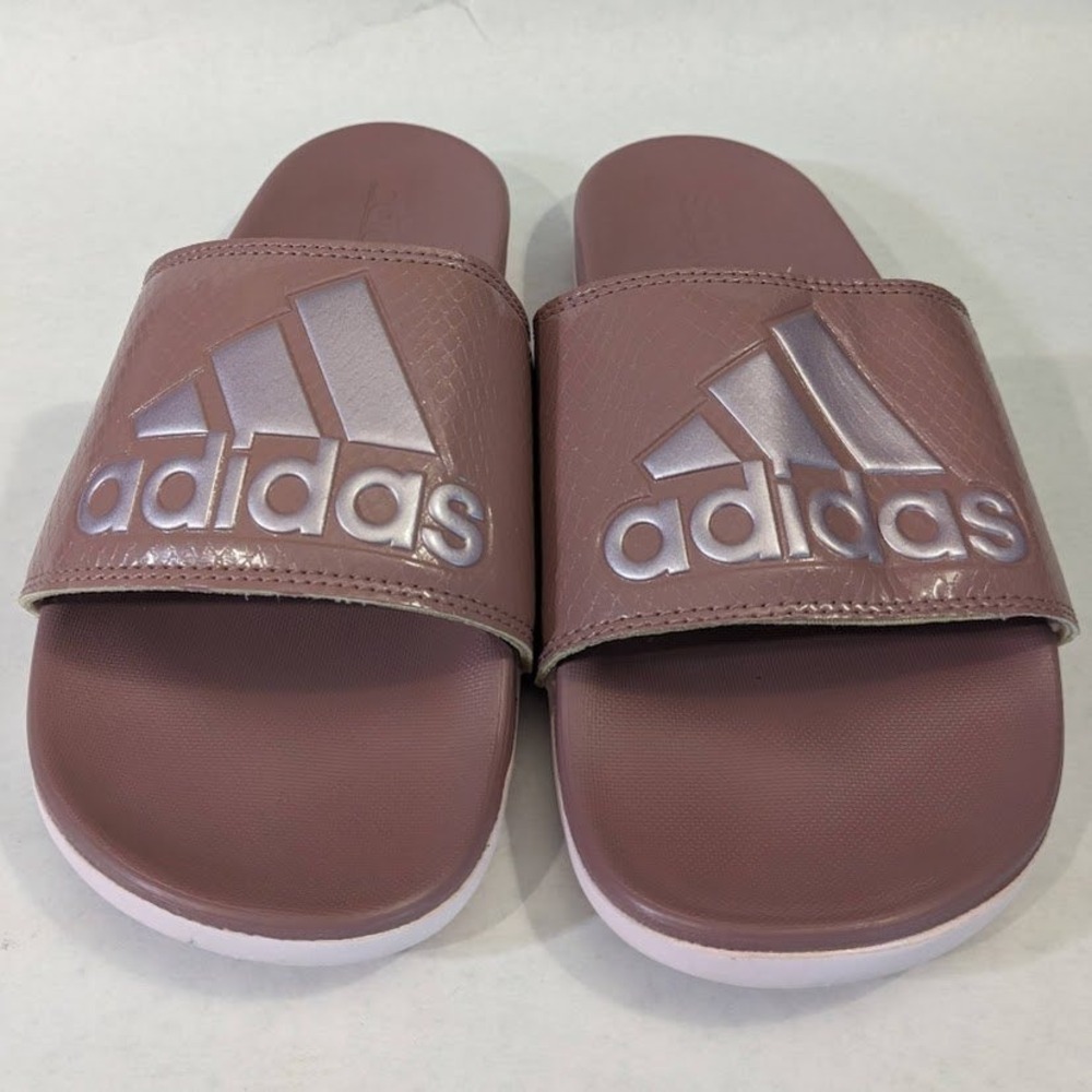Adidas Adilette Comfort Slides Mauve Snakeskin Metallic Silver Logo GX4298 Sz 8